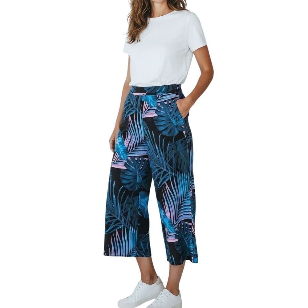 Worthington Tropical‎ Wide Leg Pants Small Black Blue Floral High Rise Ankle